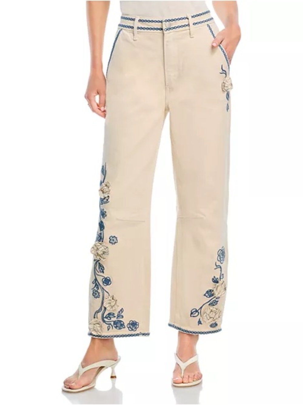 Driftwood Barbara X Ravishing barrel Floral Embroidered Jeans in Cream